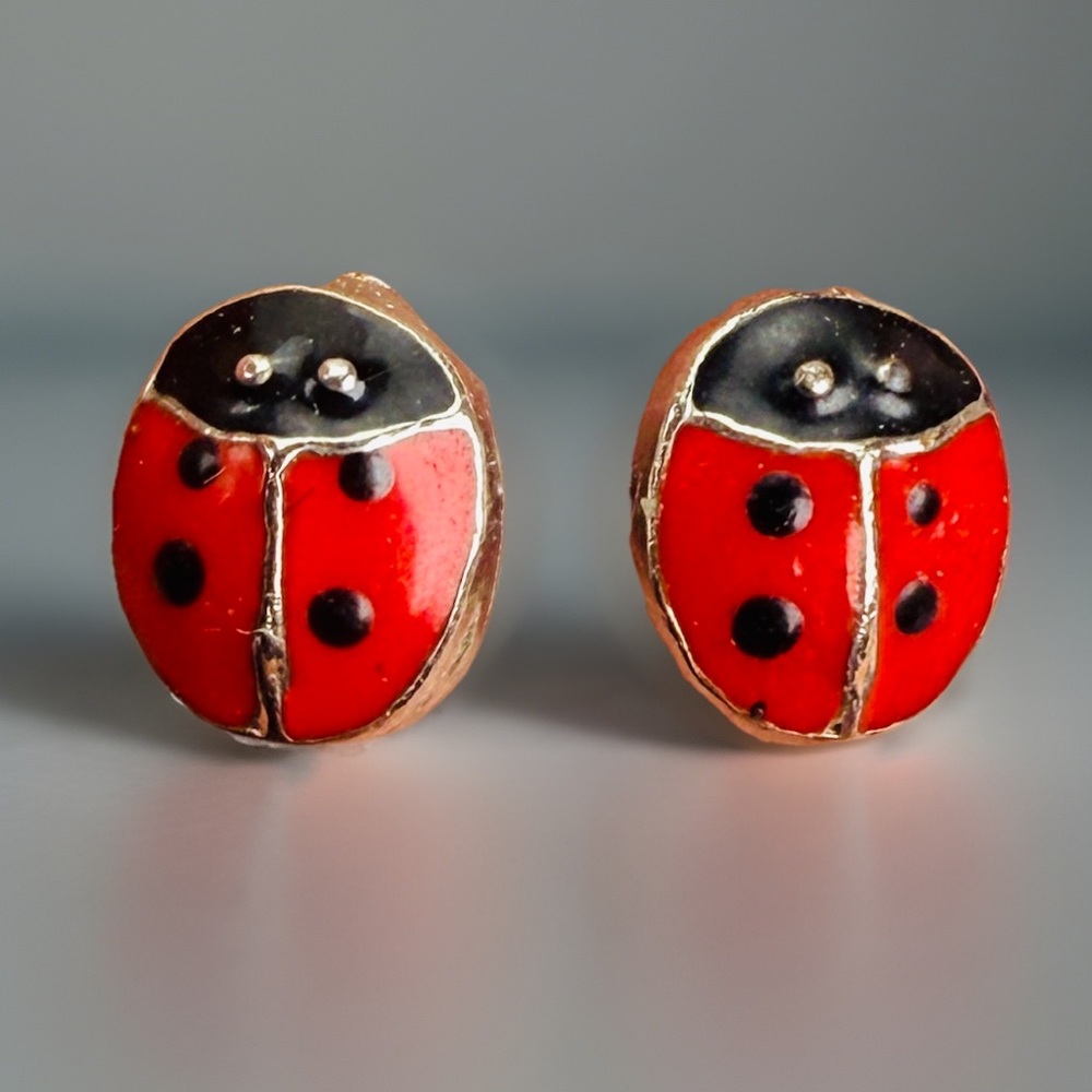 Charming Tiny Red Black Silvertone Ladybug Stud P… - image 1